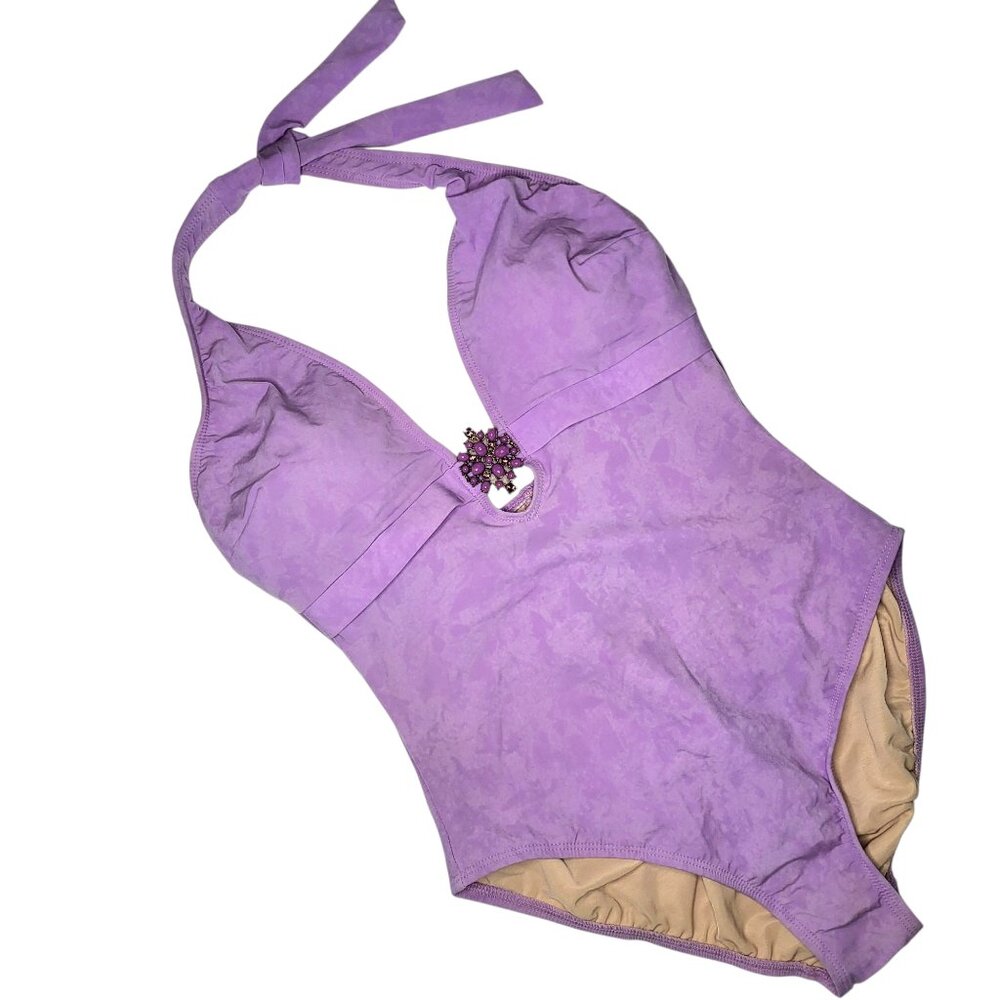 Magicsuit Purple Lavender One-piece Halter Bathing Suit w/ Brooch & Skirt Sz 10